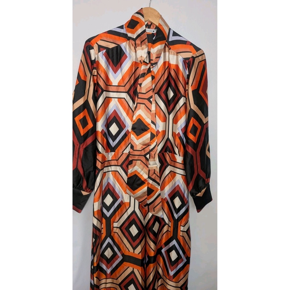 Zara Satin Geometric Jumpsuit Retro 70s Print Long Sleeve Wide Leg NWT Sz M - Picture 5 of 14